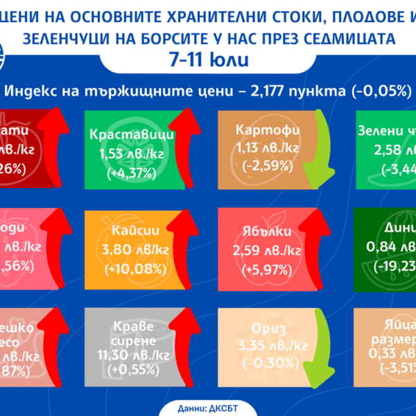 Дините поевтиняват с над 19%, а останалите плодове поскъпват на борсите у нас през седмицата, по данни на ДКСБТ